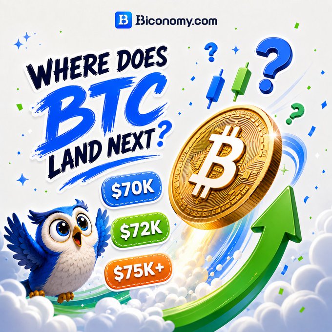 A cartoon owl stands beside a golden Bitcoin coin riding a green upward arrow, with question marks and price prediction tags ($70K, $72K, $75K+) accompanying the bold text "WHERE DOES BTC LAND NEXT?"—visually prompting viewers to guess Bitcoin's price 24 hours from now, matching the Biconomy.com social media contest.
