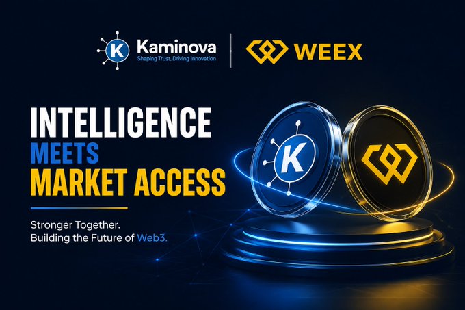 A promotional graphic for Kaminova and WEEX featuring the text 'INTELLIGENCE MEETS MARKET ACCESS' and 'Stronger Together. Building the Future of Web3,' alongside two metallic coins with their logos.
