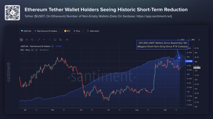 A Santiment chart titled "Ethereum Tether Wallet Holders Seeing Historic Short-Term Reduction" displays USDT (on Ethereum) non-empty wallet counts from April through September, showing a callout annotation indicating "-251,350 USDT Wallets Since September 5th (Biggest Short-Term Drop Since FTX Collapse)" alongside the BTC price (76,667.21). The visual confirms the post's claim of the steepest short-window wallet contraction since the post-FTX collapse, with the blue holder-count line visibly declining after peaking in early September despite an upward multi-month trend.