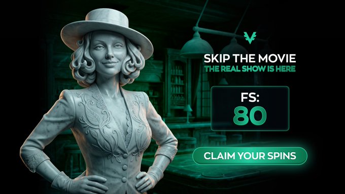 The image features a statue of a woman wearing a hat, standing against a black background with the text "SKIP THE MOVIE" displayed above her head. Below this, there are two buttons that read "CLAIM YOUR SPINS". The image also includes a description of how to claim your rewards for watching movies on Secret Bar Multidice X by BGaming.