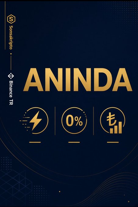 An advertisement featuring the text "ANINDA" and "Sansakripto / Binance TR" along with three circular icons depicting a lightning bolt, "0%", and a rising bar chart.