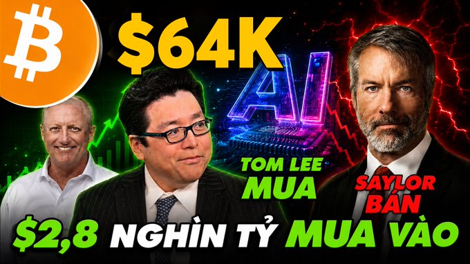 A Bitcoin-themed promotional graphic featuring three men in suits with the Bitcoin logo, displaying '$64K' and Vietnamese text including 'TOM LEE MUA', 'SAYLOR BẢN', and '$2,8 NGHÌN TỶ MUA VÀO' against a red lightning background.