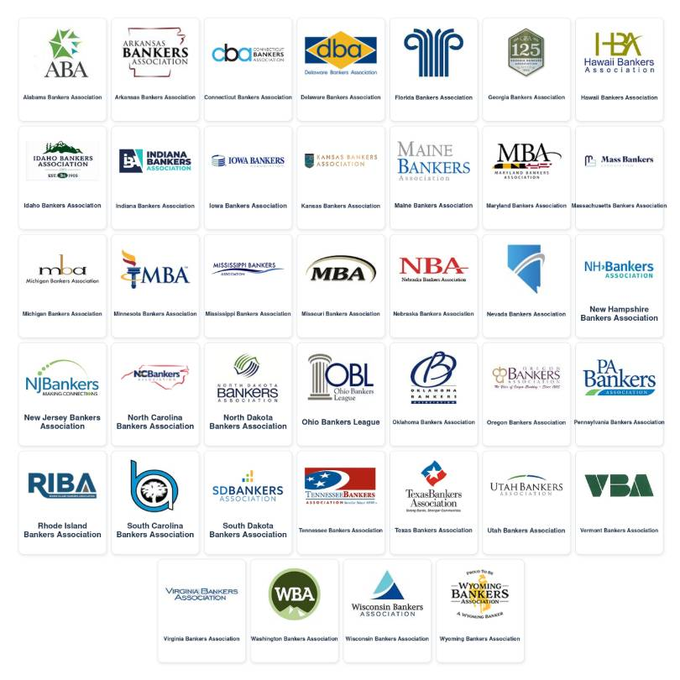 The image displays logos of 39 U.S. state bankers associations—including the Alabama, Arkansas, Connecticut, Delaware, Florida, Kentucky, Georgia, Hawaii, Idaho, Indiana, Iowa, Kansas, Maine, Maryland, Massachusetts, Michigan, Minnesota, Mississippi, Missouri, Nebraska, Nevada, New Hampshire, New Jersey, North Carolina, North Dakota, Ohio, Oklahoma, Oregon, Pennsylvania, Rhode Island, South Carolina, South Dakota, Tennessee, Texas, Utah, Vermont, Virginia, Washington, Wisconsin, and Wyoming Bankers Associations—that have united to form the BankChain Alliance, a blockchain network for the banking industry.