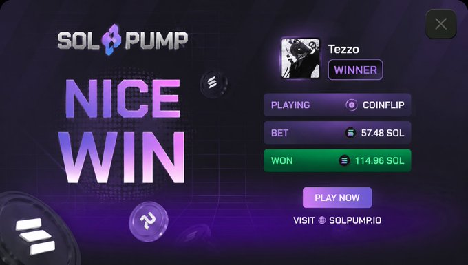 irtpump.com game interface features a purple background, white text, and icons for "NICE WIN", "PLAYING", "COINFLIP", and "VISIT".
