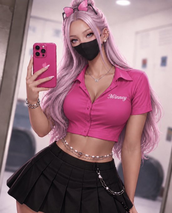 An anime-style illustration of a woman with long pink hair, a pink bow, and a black mask, wearing a pink 'Minney' cropped shirt and black pleated skirt while taking a mirror selfie with a pink phone.