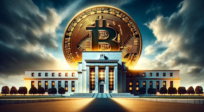 A golden Bitcoin coin looms over a stately Federal Reserve-style building, symbolizing the relationship between the Fed's liquidity decisions and Bitcoin's price movements—reinforcing the post's message that Bitcoin tends to react before the broader market feels comfortable.