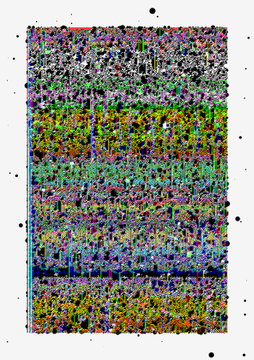 An abstract, colorful digital noise pattern composed of pixelated multicolored dots with several larger black circles scattered around the edges on a white background.