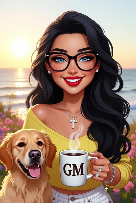 A digital cartoon illustration of a smiling woman with glasses, a golden retriever, and a steaming coffee mug that says 'GM'.