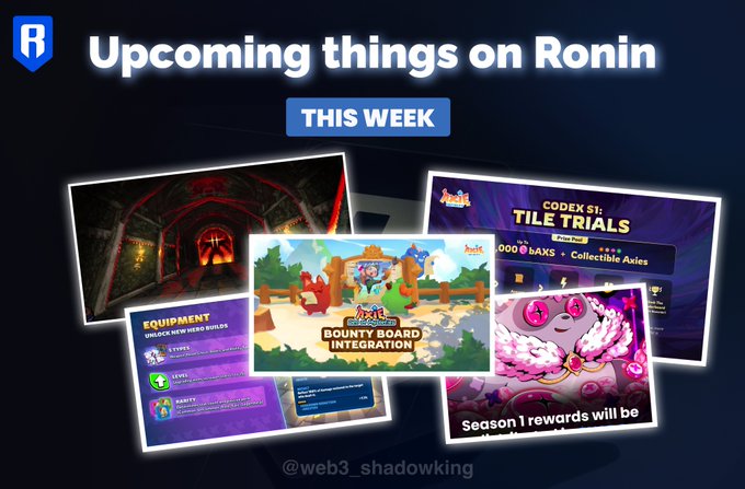 The image features a poster for an upcoming gaming event called "Upcoming Things on Ronin". The poster includes four different images of gameplay elements related to the game, such as a tunnel, a character, a map, and a scoreboard. These images are arranged in a square format with text overlaying them, providing information about the upcoming events or activities at the game.
