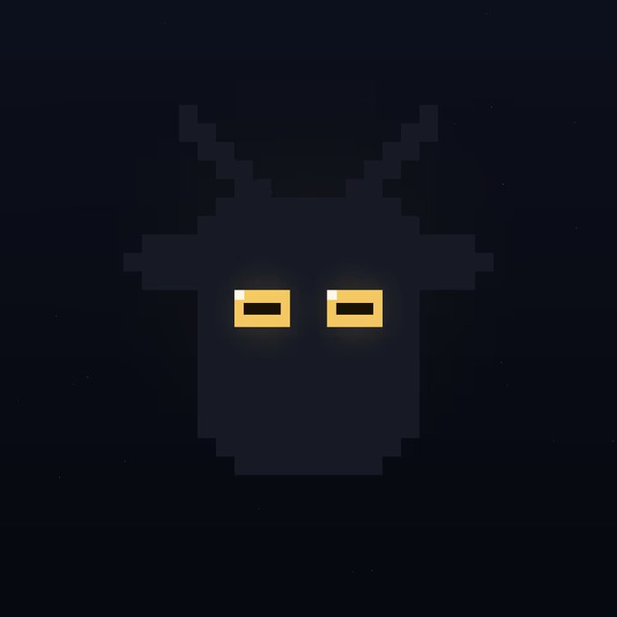 A dark pixel art illustration of a shadowy creature with glowing yellow rectangular eyes and horn-like protrusions on a dark background.