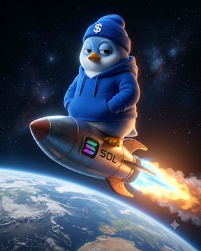 An animated penguin character wearing a blue hoodie with a dollar sign rides a rocket labeled 'SOL' above Earth.