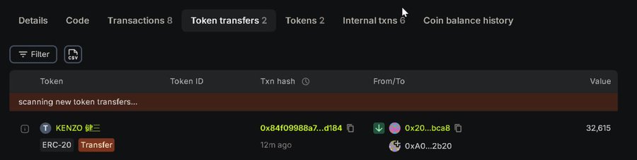 A dark-themed blockchain explorer interface showing token transfers tab with a KENZO ERC-20 transfer transaction worth 32,615 tokens.