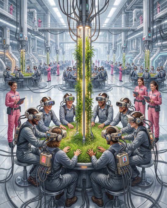 Sci-fi digital artwork depicting a futuristic laboratory where several people wearing VR headsets and mechanical suits are gathered around a central table with plants growing on a glowing pillar.