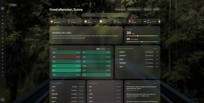 A dark-themed financial dashboard addressed to 'Sunny' showing that 'Markets are calm' with major crypto and stock indices, including BTC and ETH prices, displaying various economic data and news.
