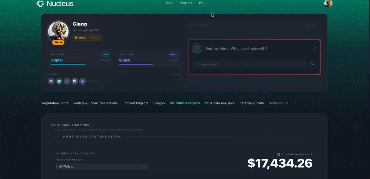 The image presents a screenshot of a user's profile page from an app named "Nucelus" on a computer screen. In the bottom left corner of the screen, there are some text elements related to a cryptocurrency account, such as a name and a balance shown in dollars. The post suggests that the user might be interested in connecting their wallet to the "@NucleusCodes project," which offers Bitcoin payments or mining rewards through the use of @quipnetwork and its @Secured on .@nucleuscoding.