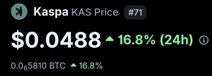 The image displays a cryptocurrency price tracker showing Kaspa (KAS) at $0.0488, ranked #71, with a strong 16.8% gain over the past 24 hours (also up 16.8% against BTC at 0.0₆5810 BTC). This aligns with the post celebrating KAS's notable price recovery, as the post's author expresses excitement about the token's resurgence and reaffirms their ongoing position as a holder.