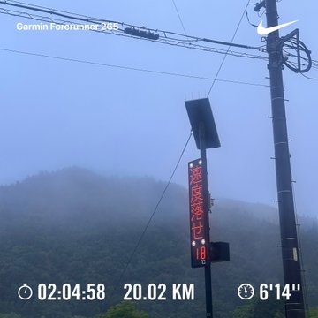 The image features a street sign with the time of a marathon taking place at 6:14am, with the distance being 20 kilometers. The clock is positioned towards the bottom center area of the sign, providing accurate information for the marathon participants and spectators. There is also a stop sign visible on the same pole as the clock. In addition to the signage, there are several power lines above the street, stretching across the sky.