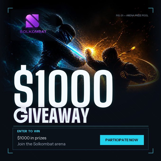A Solkombat promotional graphic advertising a $1000 giveaway, featuring two silhouetted fighters clashing with a spark-burst impact against a dark space background. The design includes the Solkombat logo, "FIG. 01 — ARENA PRIZE POOL" label, large "$1000 GIVEAWAY" text, and a "PARTICIPATE NOW" call-to-action button, complementing the post's invitation to join via the provided Gleam link.