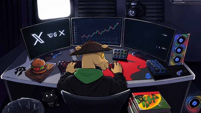 A cartoon illustration of a dog wearing a conical hat and glasses trading on a multi-monitor setup with X (Twitter) and 'UGX' on the screens, plus a hamburger and cat nearby.