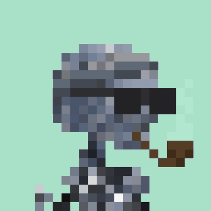 A pixel art illustration of a character with a large gray helmet and a smoking pipe, rendered in a retro 8-bit style against a mint green background.