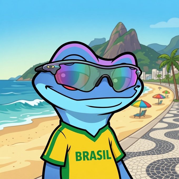 The image features a cartoon frog wearing sunglasses, standing on a beach with palm trees nearby. The frog has a birthday wish written on its shirt, which includes the words "Brasil" and "Happy Birthday". The background of the image shows an ocean view, indicating that they are at a beach location.