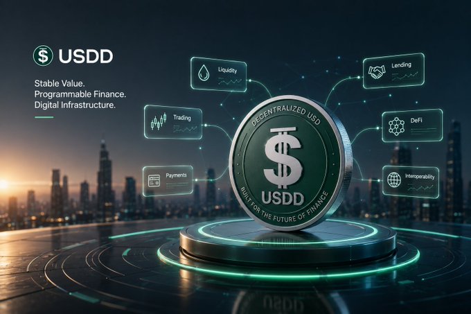 A digital rendering of a USDD cryptocurrency coin sits on a glowing circular platform against a city skyline, with floating interface cards labeled "Liquidity," "Lending," "Trading," "DeFi," "Payments," and "Interoperability" connected to it. The image visually reinforces the post's message by illustrating USDD as a centralized hub for various decentralized financial applications.
