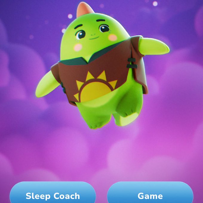 A cartoon green character with a small horn wears a brown vest featuring a yellow sun design, floating against a purple dreamy background with 'Sleep Coach' and 'Game' buttons below.