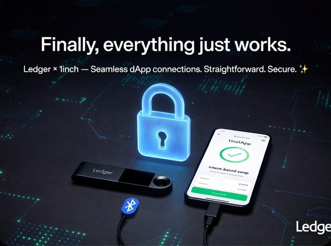The image features an advertisement for Ledger's new app that connects to a lock and key system. The lock and key are shown with blue and green colors, respectively. The lock has a keyhole, while the key appears to be a USB drive or flash drive. A cell phone is also present in the scene, which displays a message about the app. The image includes text that reads "Finally, everything just works."