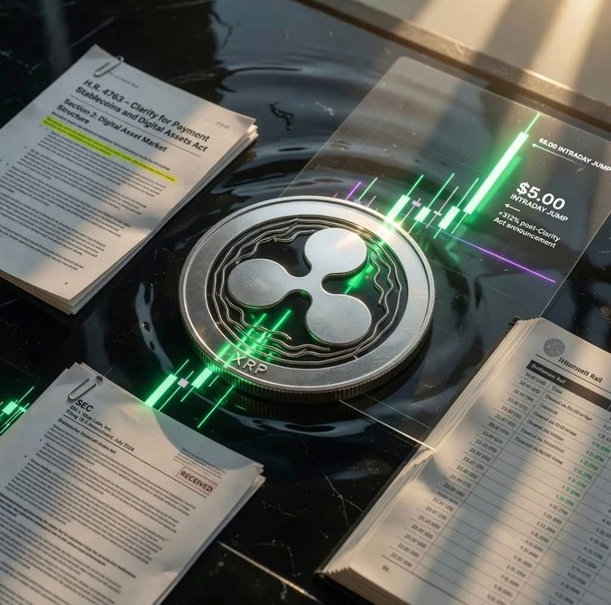 A digital rendering of a silver Ripple (XRP) cryptocurrency coin resting on documents and a stock chart showing a '$5.00 INTRADAY JUMP' and '+31% post-Clarity announcement'.