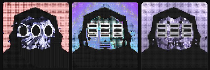 Three side-by-side pixel art portraits of hooded figures with glitch-style facial features; the leftmost has wide round eyes, while the middle and right figures have rectangular visors.
