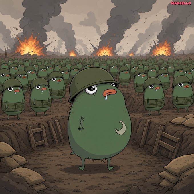 An illustration by Marcello shows a sad, green, blob-like soldier in a helmet standing alone in a trench while an army of identical soldiers and explosions fill the background.