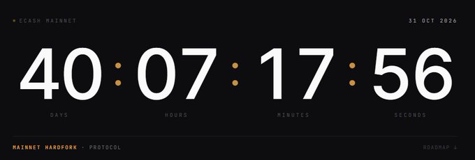 Countdown timer for eCash mainnet displaying 40 days, 07 hours, 17 minutes, 56 seconds remaining until October 31, 2026 mainnet hardfork.