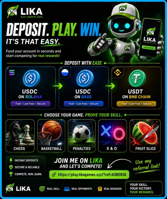 A promotional advertisement for LIKA gaming platform showing 'DEPOSIT. PLAY. WIN.' text, featuring a robot mascot, deposit flow from USDC on Solana to USDC on Base to USDT on BNB Chain, game options including Chess, Basketball, Penalties, X&O, and Fruit Slice, with referral link https://play.likagames.xyz/?ref=A3BE856.