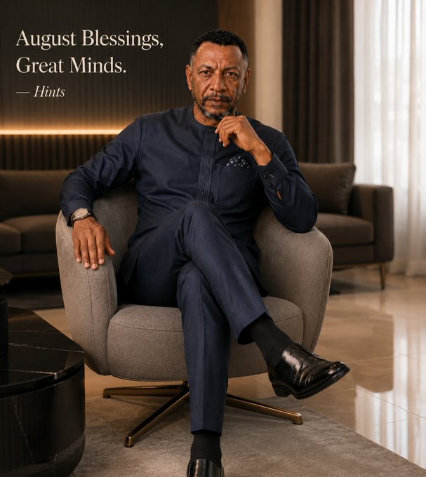 Advertorial image showing a man in a dark blue traditional outfit sitting in a chair, with text reading 'August Blessings, Great Minds.' and signed '— Hints'.