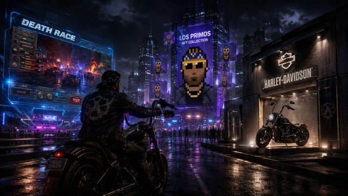 A dark, cyberpunk-style cityscape at night with a motorcycle in the foreground, neon signs reading 'DEATH RACE' and 'LOS PRIMOS NFT COLLECTION', and a 'HARLEY-DAVIDSON' dealership.