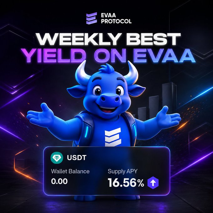 A promotional graphic for 'EVAA PROTOCOL' features a blue cartoon bull mascot advertising 'WEEKLY BEST YIELD ON EVAA' with a USDT supply APY of 16.56%.