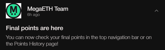 The image shows a message from MegaETH Terminal congratulating users for completing their final points, which are now available at the top navigation bar of the terminal's Points History page. The terminal has informed its users that they have finished their final points, and they can now select a wallet to receive their rewards or update their account information.