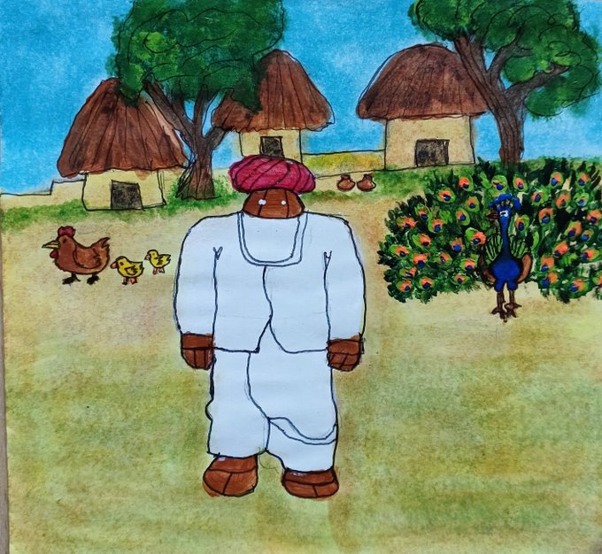 A watercolor painting depicting a figure in traditional Indian attire with a red turban, white tunic and pants, standing in a village scene with mud houses, trees, a hen and chicks, and a peacock with its feathers displayed next to a bush.