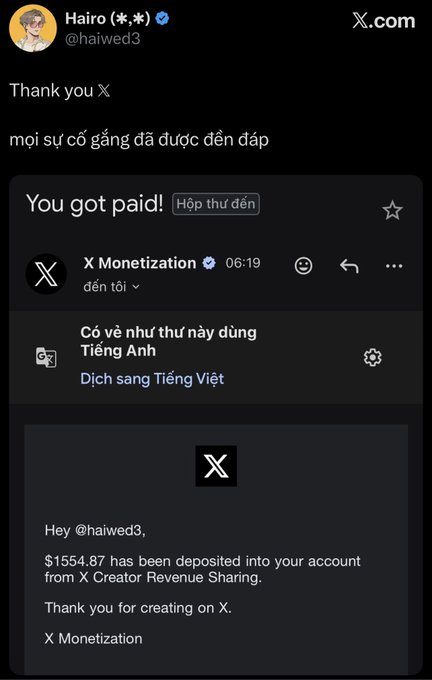 A screenshot of a tweet from user Hairo (@haiwed3) showing an X Monetization payment notification for $1554.87 deposited into his account from X Creator Revenue Sharing, captioned "Thank you X, mọi sự cố gắng đã được đền đáp" (all efforts have been rewarded), celebrating his first major payout from the platform.