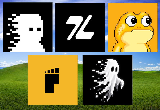 A collection of five pixel art icons featuring a skull, the letters '7L', a yellow frog, a footprint, and a ghost, all displayed against the classic Windows XP Bliss background.