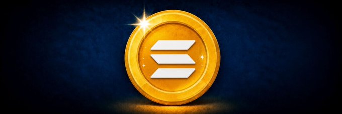A shiny golden coin featuring the Solana logo (three horizontal bars) stands prominently against a dark blue background, symbolizing the $Solana token's new banner image on Moby.