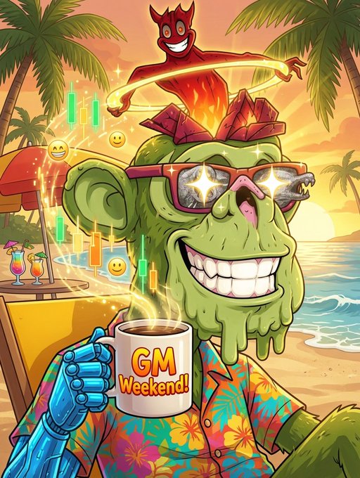 A cartoon illustration of a green Pepe-like character wearing star-shaped sunglasses and a Hawaiian shirt, holding a coffee mug reading 'GM Weekend!', with a fiery red devil figure emerging from a campfire halo on its head, set against a tropical beach sunset.