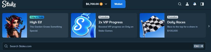 A screenshot of the Stake.com gambling website homepage displaying a wallet balance of '$6,700.00', along with promotions for 'High Elf', '2x VIP Progress', and 'Daily Races'.