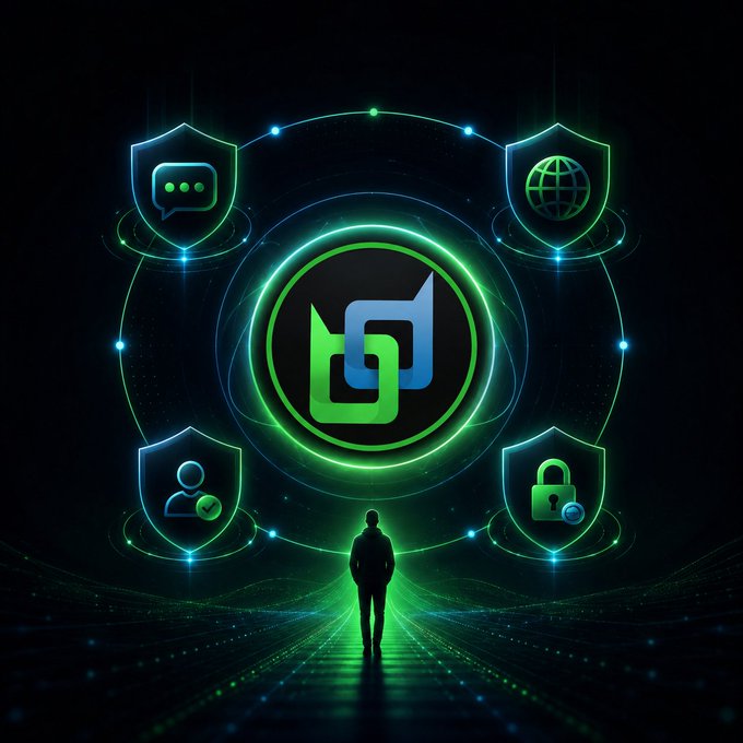 A neon-style digital illustration featuring a silhouette figure facing a glowing green circular logo surrounded by shields depicting chat, globe, user verification, and lock icons.