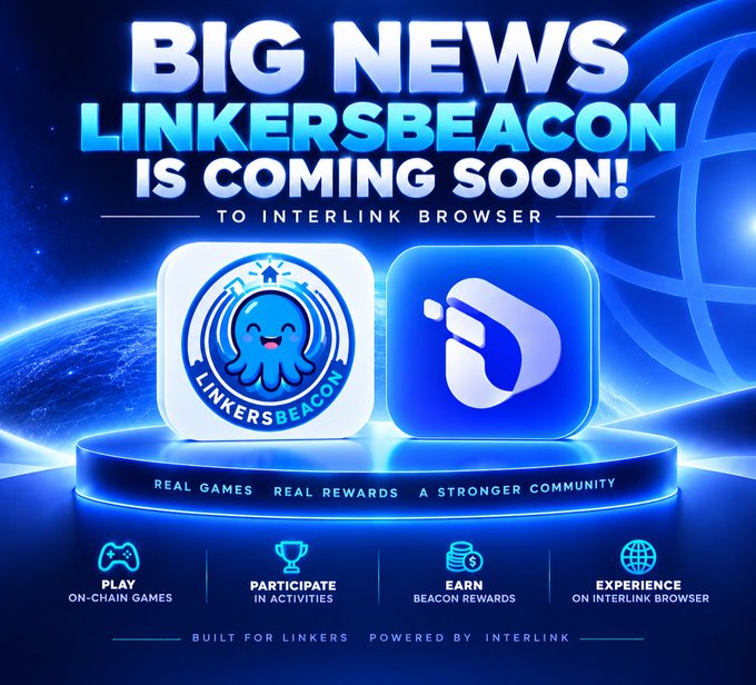 Promotional graphic announcing 'BIG NEWS LINKERSBEACON IS COMING SOON! TO INTERLINK BROWSER' featuring their mascot logo and the tagline 'REAL GAMES  REAL REWARDS  A STRONGER COMMUNITY'.