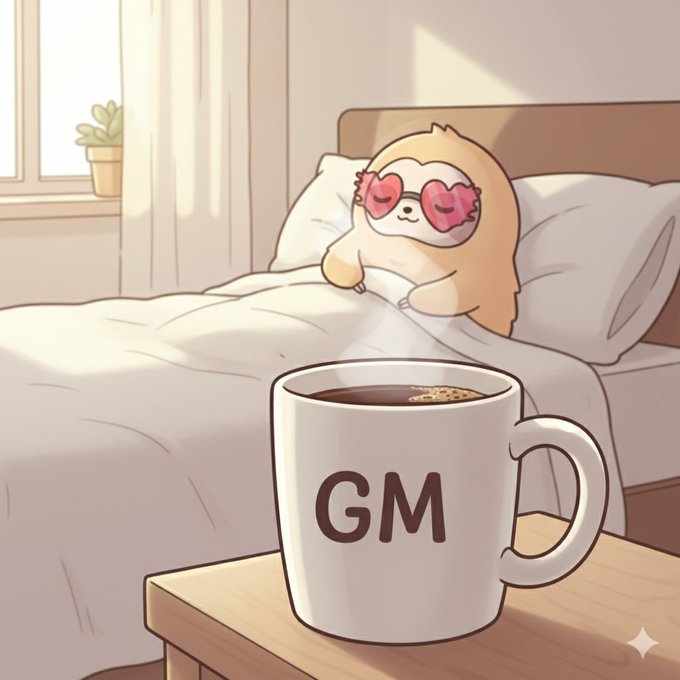 A cute cartoon sloth wearing heart-shaped sunglasses rests in bed next to a "GM" coffee mug, perfectly capturing the cheerful "Good Morning" vibe. The cozy morning scene mirrors the post's upbeat start to the new week and excitement about catching the next big opportunity with @0xMiden.