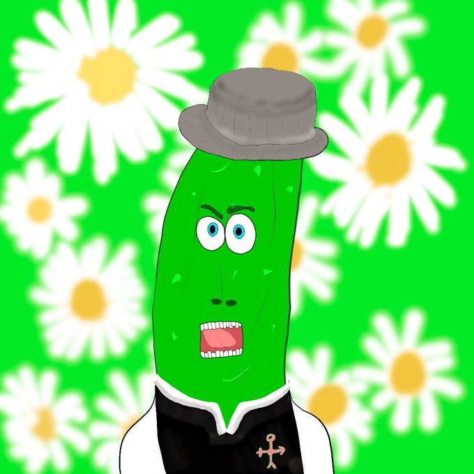 A cartoon illustration of a green pickle character wearing a gray hat and a black and white shirt with an anchor symbol, set against a bright green background with white daisies, featuring the letter "W" for an eye.
