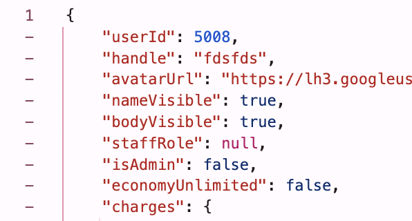 A code snippet displaying user data fields including 'userId': 5008, 'handle': 'fdsfds', 'nameVisible': true, 'bodyVisible': true, and 'isAdmin': false.