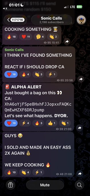 A screenshot of a Telegram channel named 'Sonic Calls' with messages about crypto trading, including phrases like 'COOKING SOMETHING', 'I THINK I'VE FOUND SOMETHING', and 'I SOLD AND MADE AN EASY ASS 2X AGAIN'.