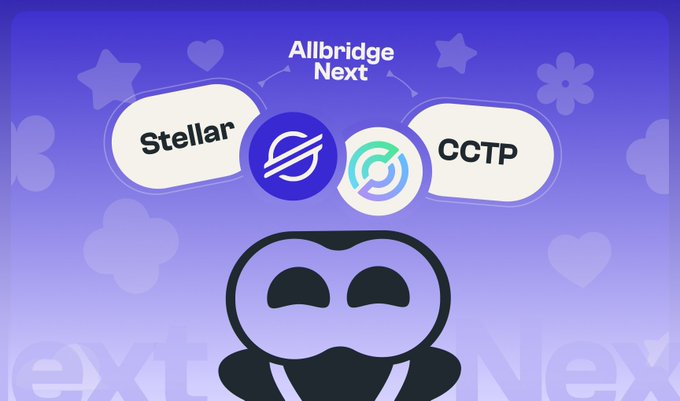 A purple-themed graphic for 'Allbridge Next' showing two integrations: Stellar and CCTP, with a hooded character illustration at the bottom.